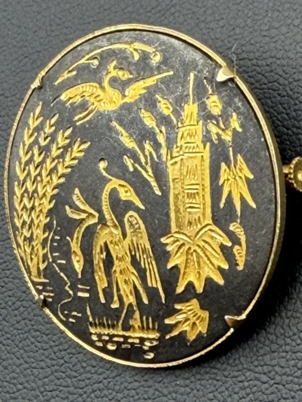 Vintage Damascene Brooch Black Crane Water Cattails Trombone Clasp